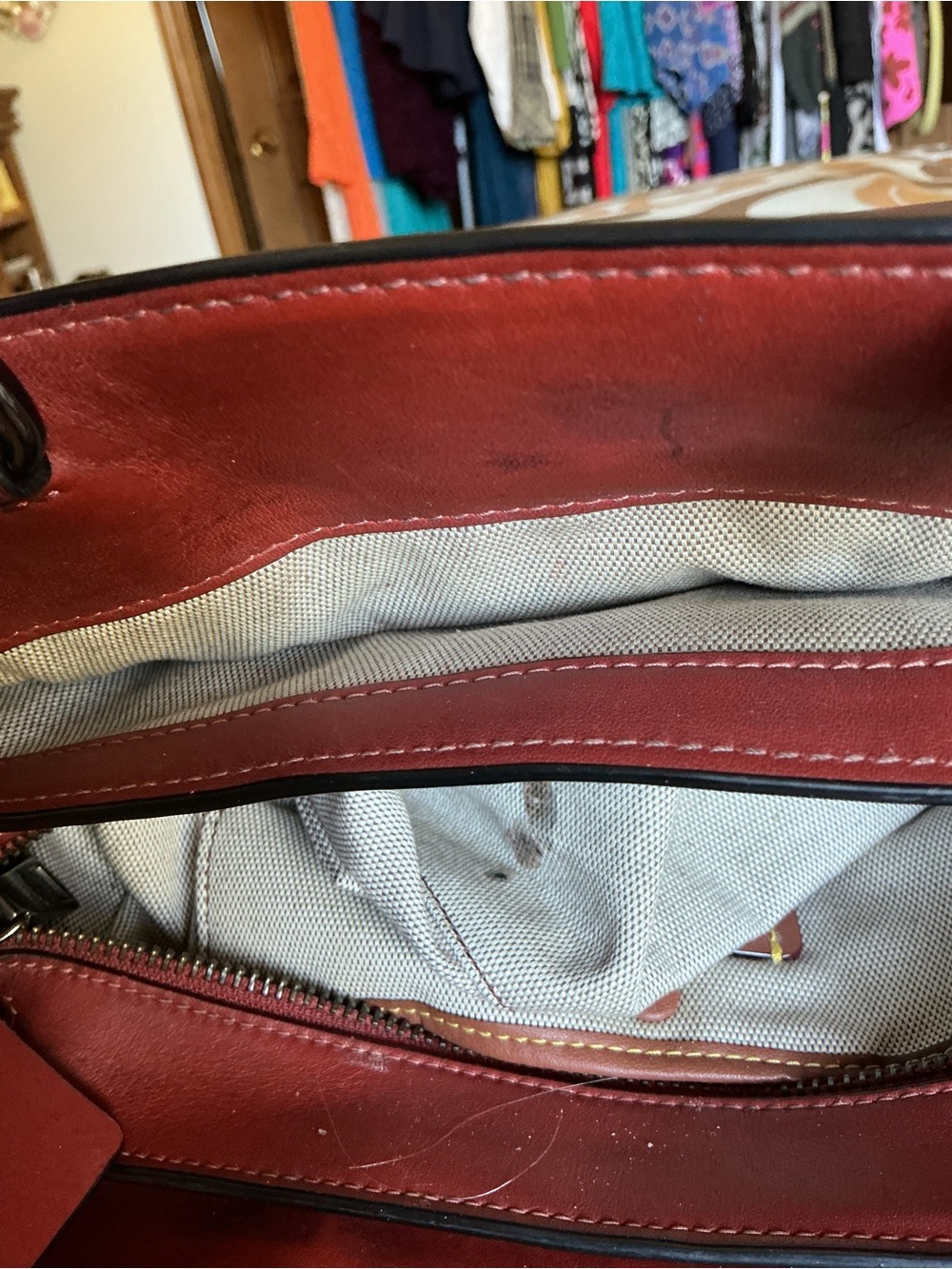 Coach Tate Carryall Two-Tone Brown and Burgundy Leather Crossbody - Picture 12 of 15